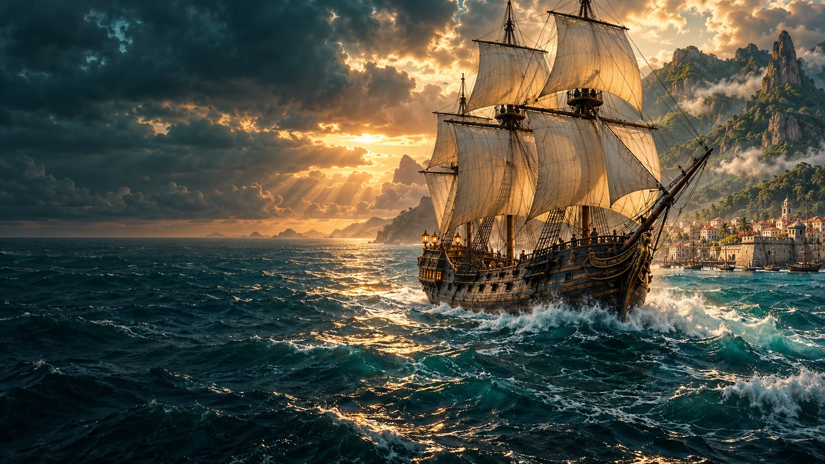 Парусный корабль у карибских островов в лучах солнца — концепт-арт ID Ships